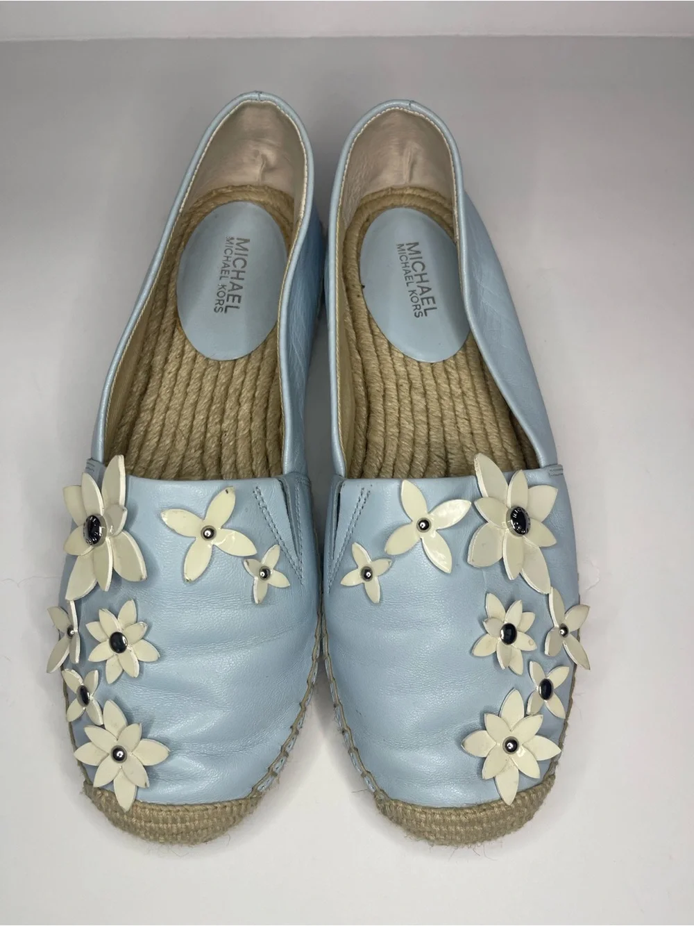 Michael Kors Light Blue Leather Lola Espadrilles size 36 Floral Appliqué